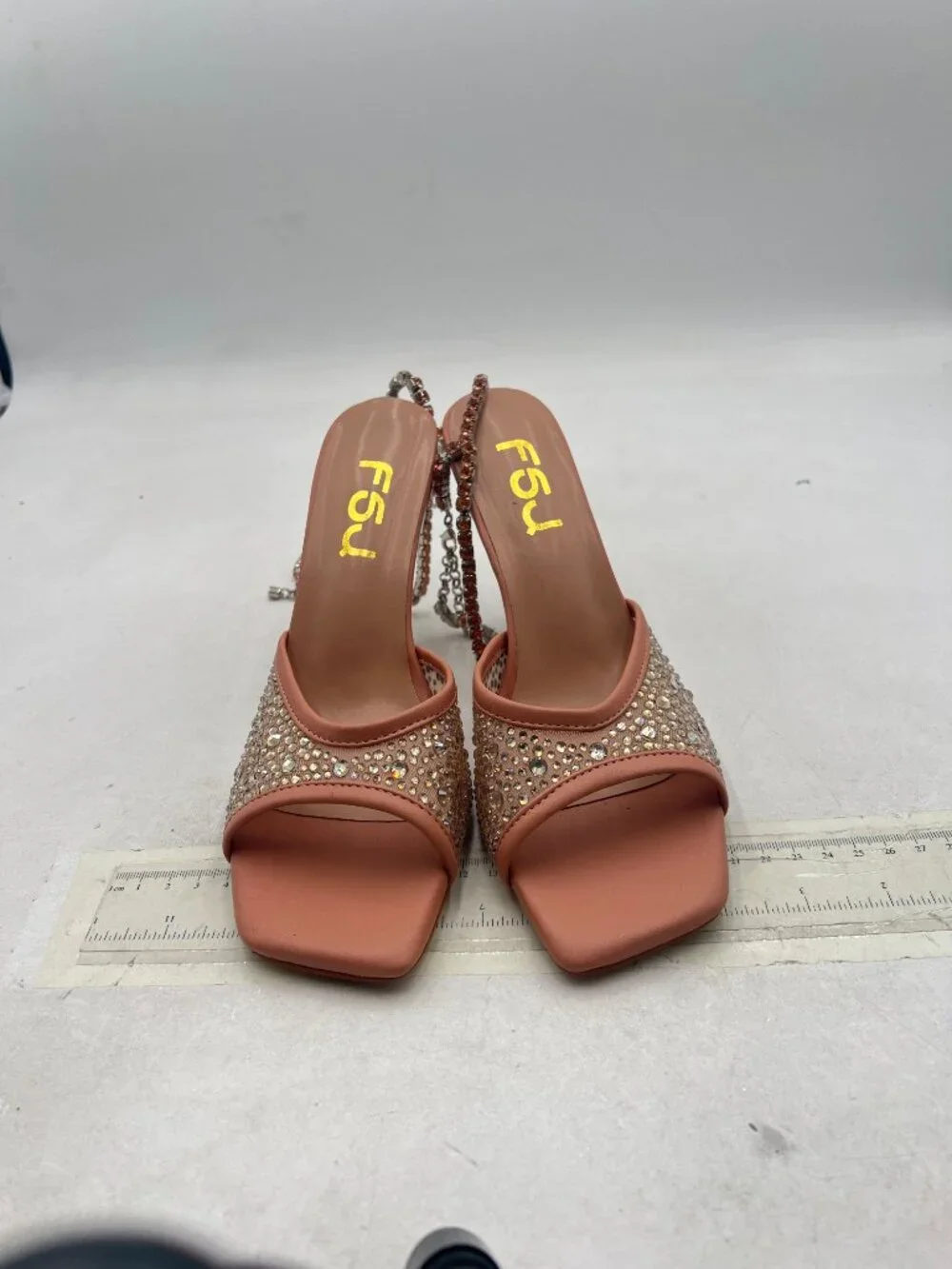 FSJ Pink Square Toe Rhinestone Wedding High Heel Clear Crystal Chain Sandals